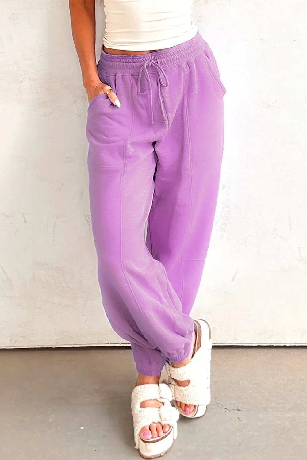 Grateful Threads Boutique Lilac Drawstring Waist Patchwork Solid Color Jogger Pants - Joggers