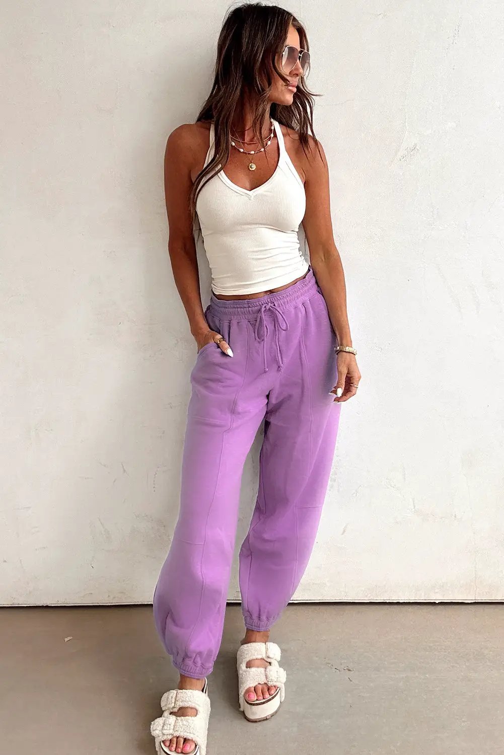 Grateful Threads Boutique Lilac Drawstring Waist Patchwork Solid Color Jogger Pants - Joggers