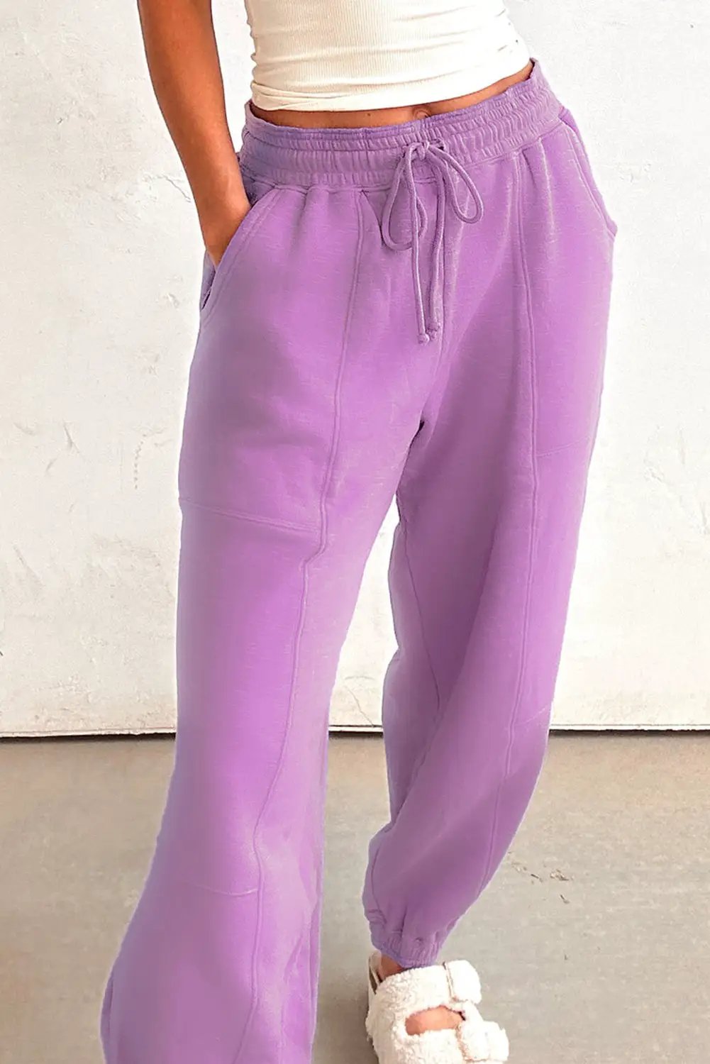 Grateful Threads Boutique Lilac Drawstring Waist Patchwork Solid Color Jogger Pants - Joggers