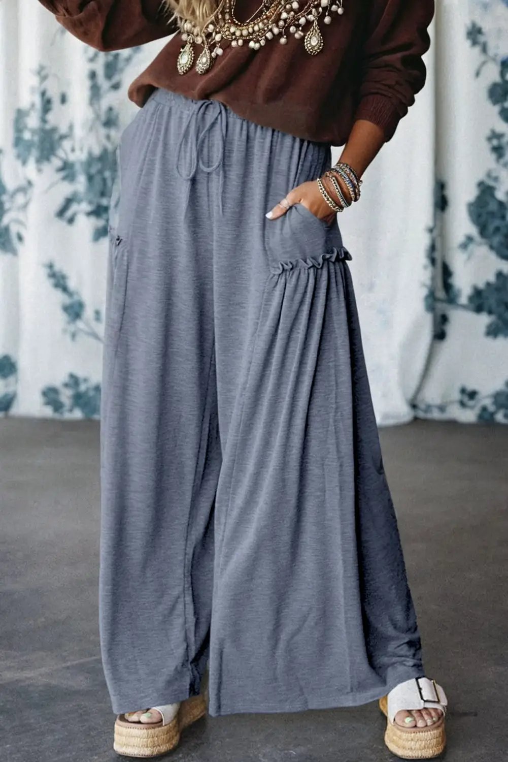 Grateful Threads Boutique High Frilled Detail Wide Leg High Waist Knit Pants - Pants High Frilled Detail Wide Leg High Waist Knit Pants