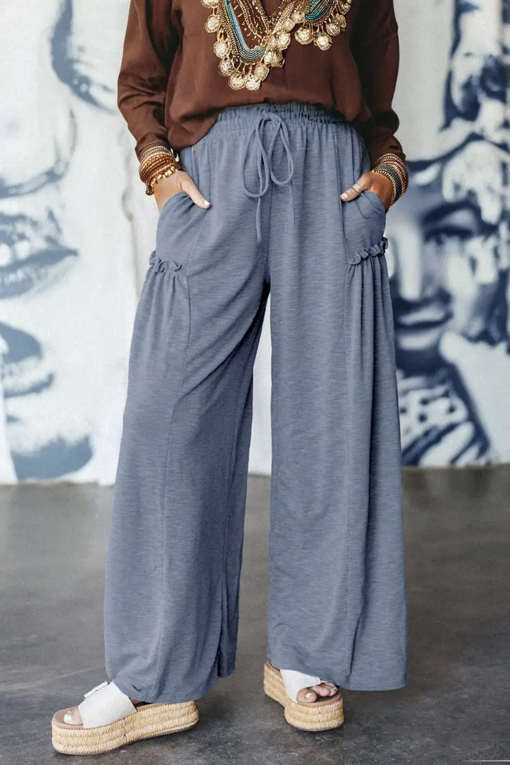 Grateful Threads Boutique High Frilled Detail Wide Leg High Waist Knit Pants - Pants High Frilled Detail Wide Leg High Waist Knit Pants