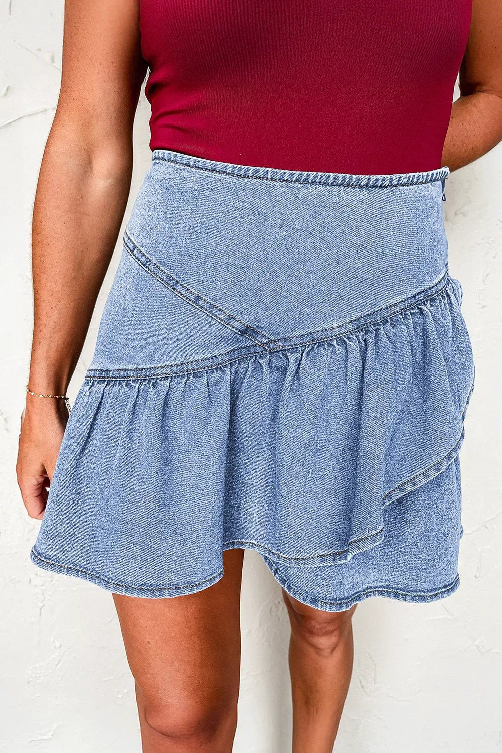 Grateful Threads Boutique Beau Blue Asymmetric Ruffle Overlay Denim Mini Skirt - Skirts Beau Blue Asymmetric Ruffle Overlay Denim Mini Skirt