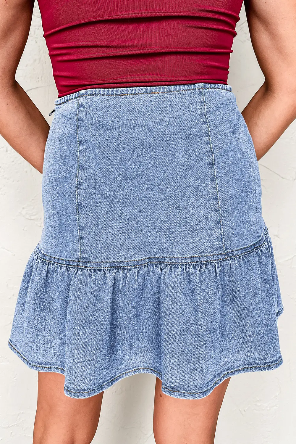 Grateful Threads Boutique Beau Blue Asymmetric Ruffle Overlay Denim Mini Skirt - Skirts Beau Blue Asymmetric Ruffle Overlay Denim Mini Skirt