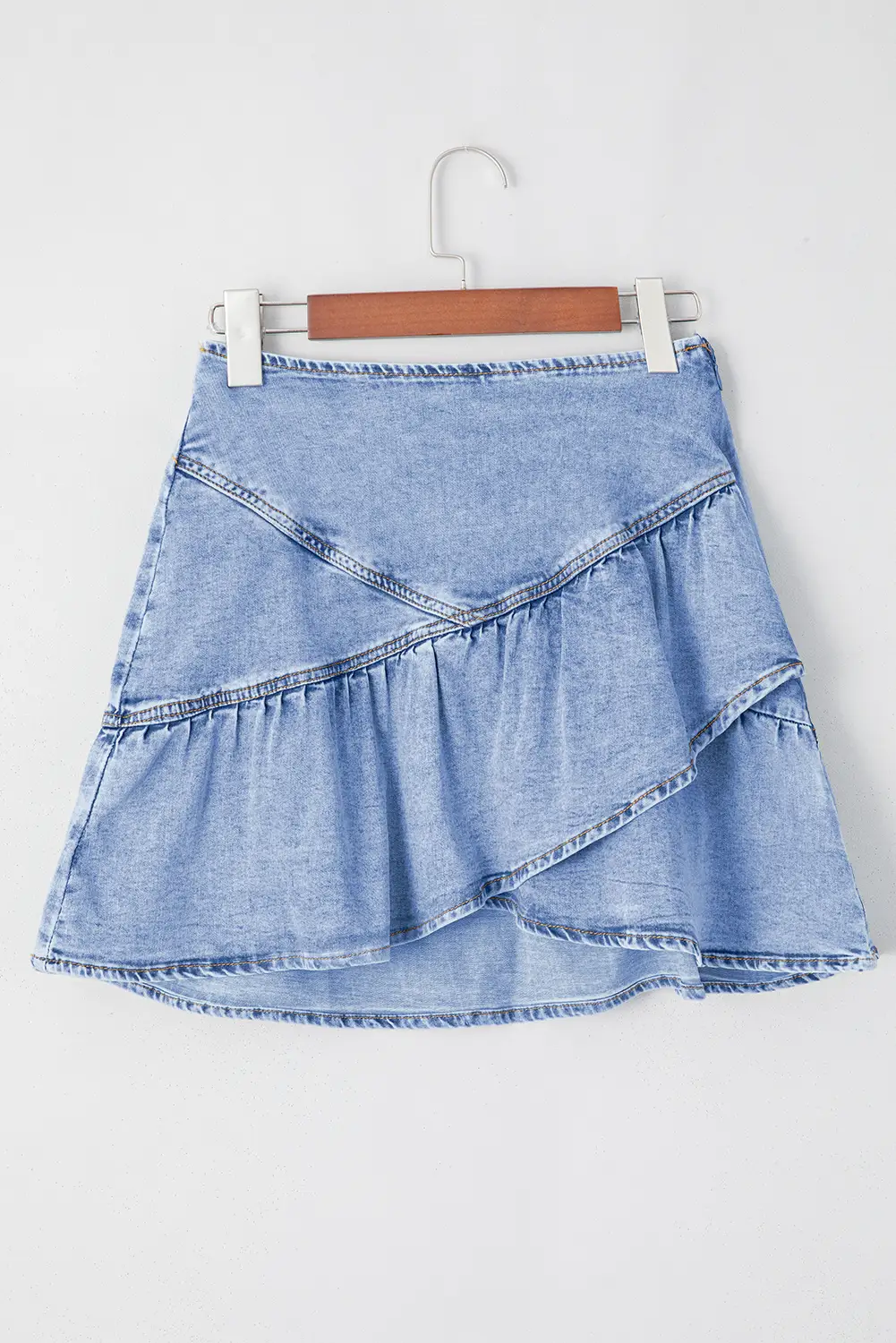 Grateful Threads Boutique Beau Blue Asymmetric Ruffle Overlay Denim Mini Skirt - Skirts Beau Blue Asymmetric Ruffle Overlay Denim Mini Skirt