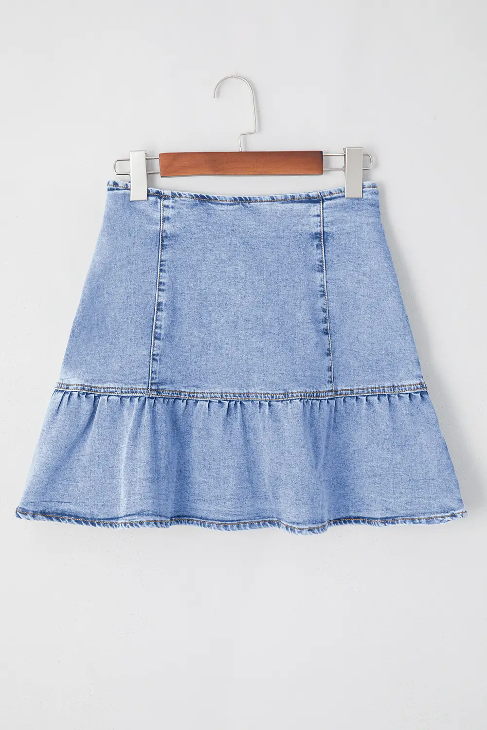 Grateful Threads Boutique Beau Blue Asymmetric Ruffle Overlay Denim Mini Skirt - Skirts Beau Blue Asymmetric Ruffle Overlay Denim Mini Skirt