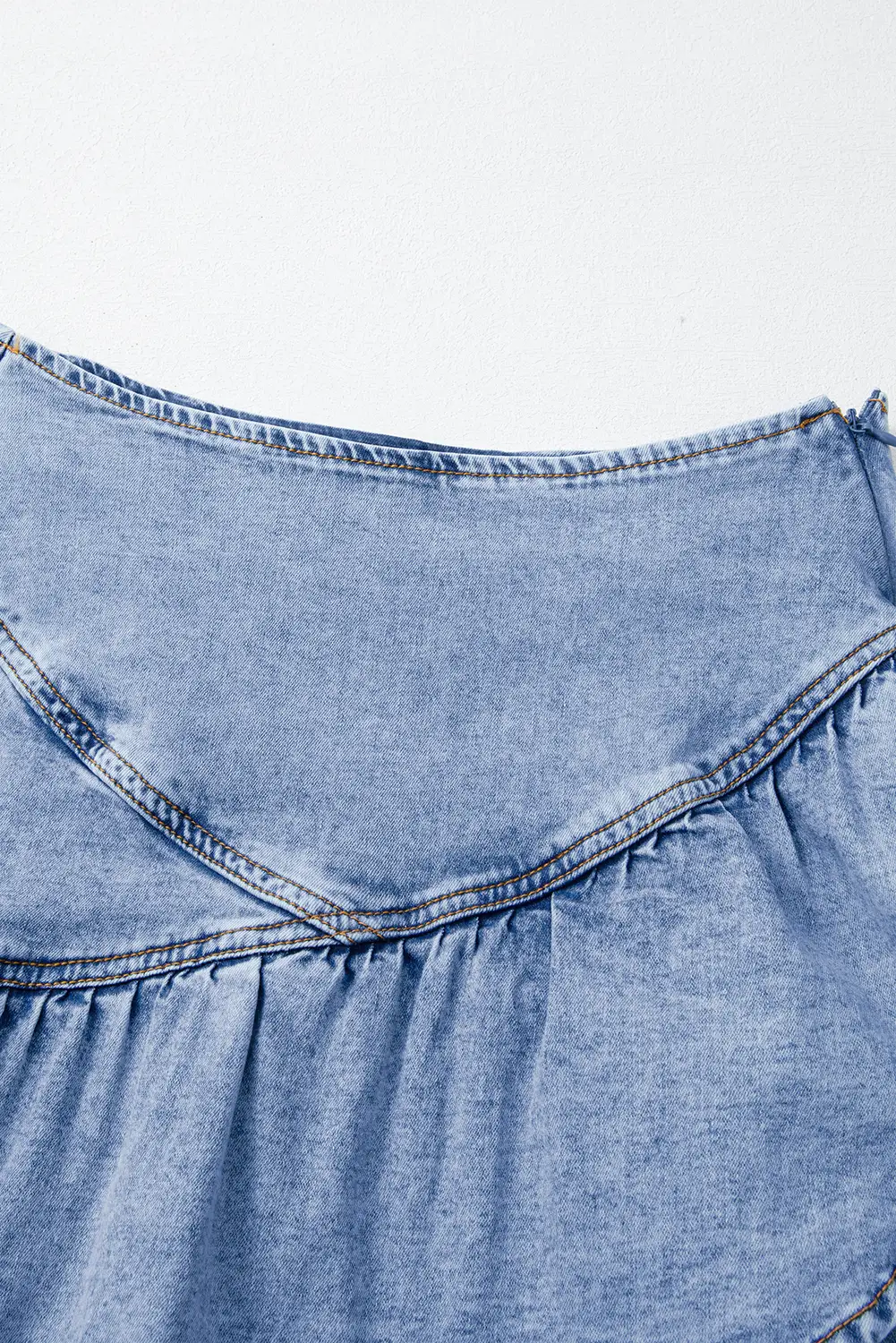 Grateful Threads Boutique Beau Blue Asymmetric Ruffle Overlay Denim Mini Skirt - Skirts Beau Blue Asymmetric Ruffle Overlay Denim Mini Skirt