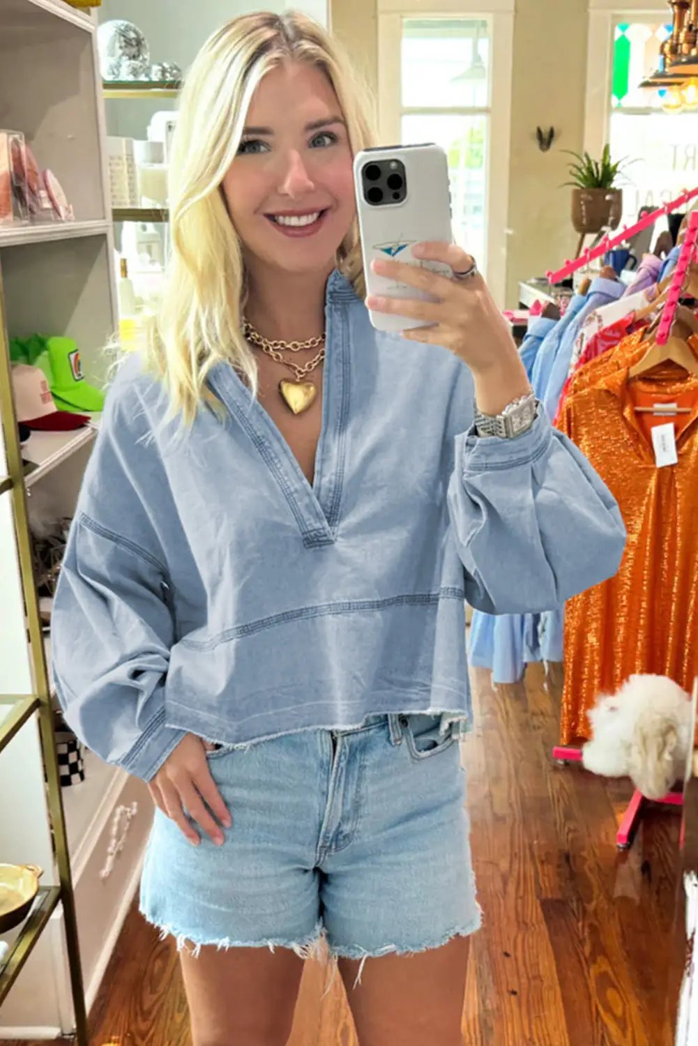 Grateful Threads Boutique Light Blue Wash V Neck Denim Top - Clothing Tops Light Blue Washed V Neck Denim Top