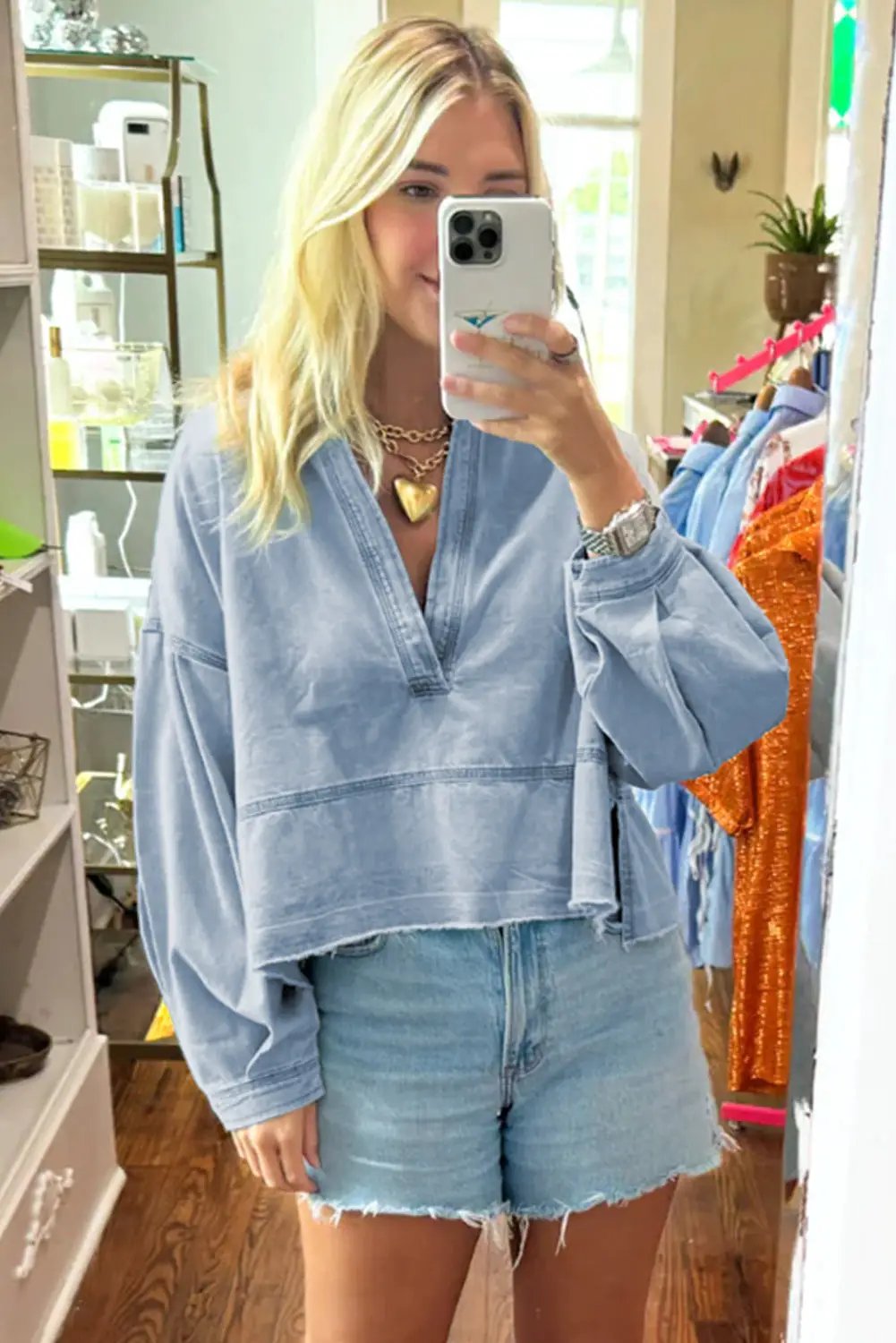 Grateful Threads Boutique Light Blue Wash V Neck Denim Top - Clothing Tops Light Blue Washed V Neck Denim Top