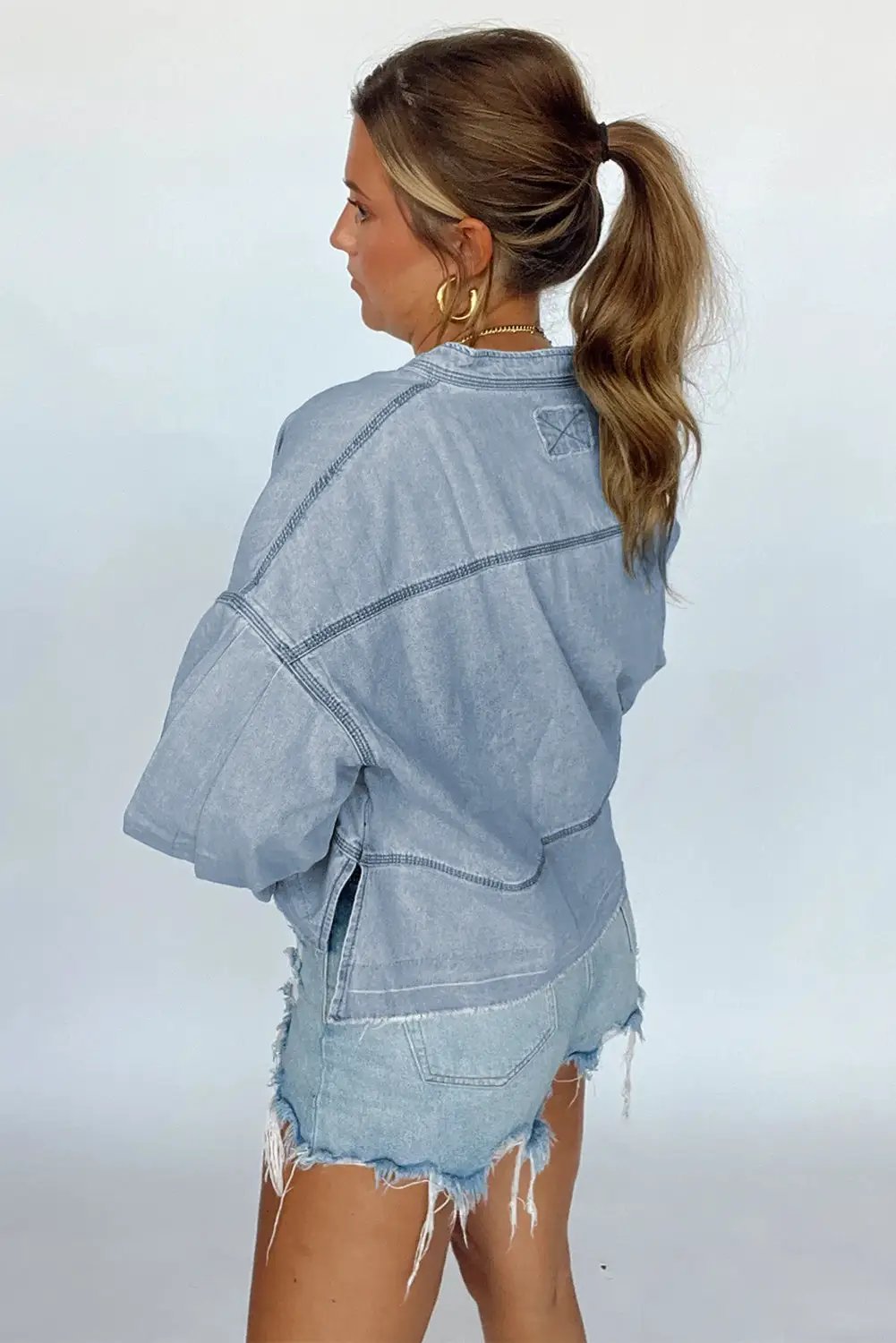 Grateful Threads Boutique Light Blue Wash V Neck Denim Top - Clothing Tops Light Blue Washed V Neck Denim Top