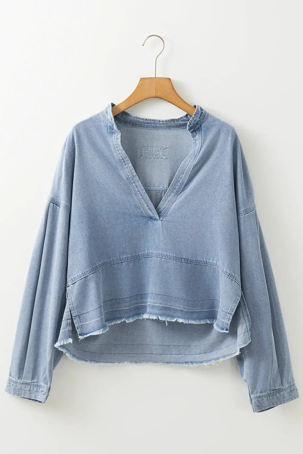Grateful Threads Boutique Light Blue Wash V Neck Denim Top - Clothing Tops Light Blue Washed V Neck Denim Top