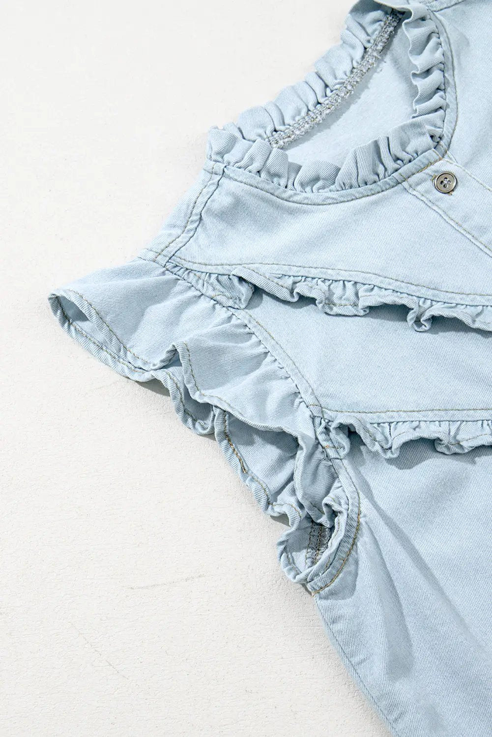 Grateful Threads Boutique Beau Blue Mineral Wash Cap Sleeve Frilled Button Up Denim Shirt - Shirts Beau Blue Mineral Wash Cap Sleeve Frilled Button Up Denim Shirt