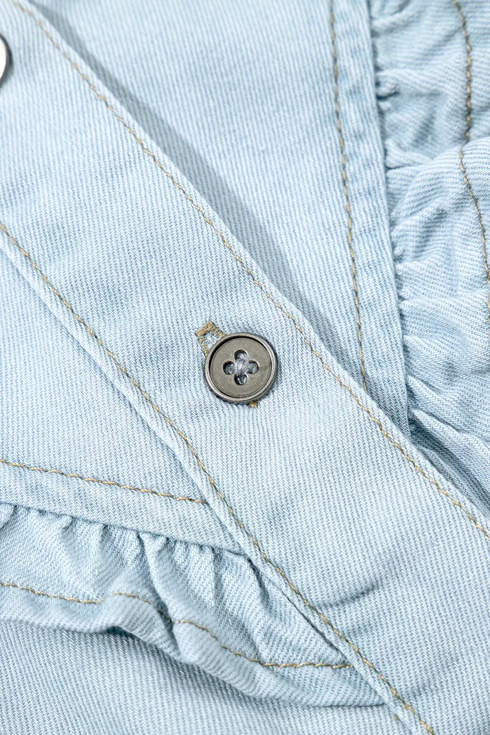 Grateful Threads Boutique Beau Blue Mineral Wash Cap Sleeve Frilled Button Up Denim Shirt - Shirts Beau Blue Mineral Wash Cap Sleeve Frilled Button Up Denim Shirt