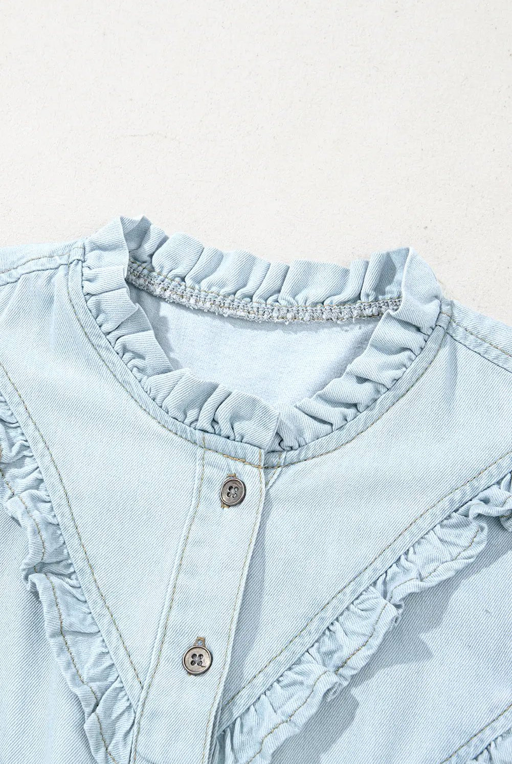 Grateful Threads Boutique Beau Blue Mineral Wash Cap Sleeve Frilled Button Up Denim Shirt - Shirts Beau Blue Mineral Wash Cap Sleeve Frilled Button Up Denim Shirt