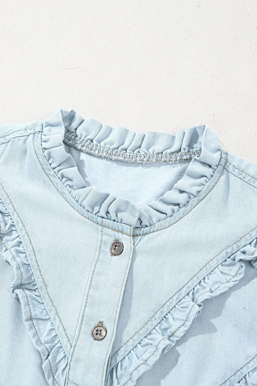 Grateful Threads Boutique Beau Blue Mineral Wash Cap Sleeve Frilled Button Up Denim Shirt - Shirts Beau Blue Mineral Wash Cap Sleeve Frilled Button Up Denim Shirt