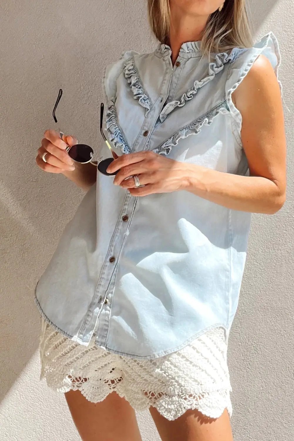 Grateful Threads Boutique Beau Blue Mineral Wash Cap Sleeve Frilled Button Up Denim Shirt - Shirts Beau Blue Mineral Wash Cap Sleeve Frilled Button Up Denim Shirt