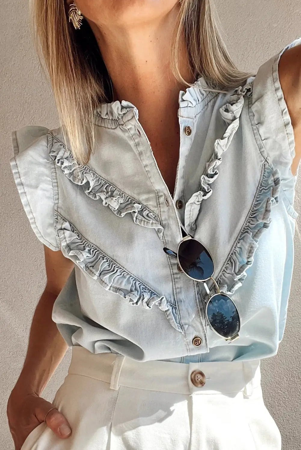 Grateful Threads Boutique Beau Blue Mineral Wash Cap Sleeve Frilled Button Up Denim Shirt - Shirts Beau Blue Mineral Wash Cap Sleeve Frilled Button Up Denim Shirt