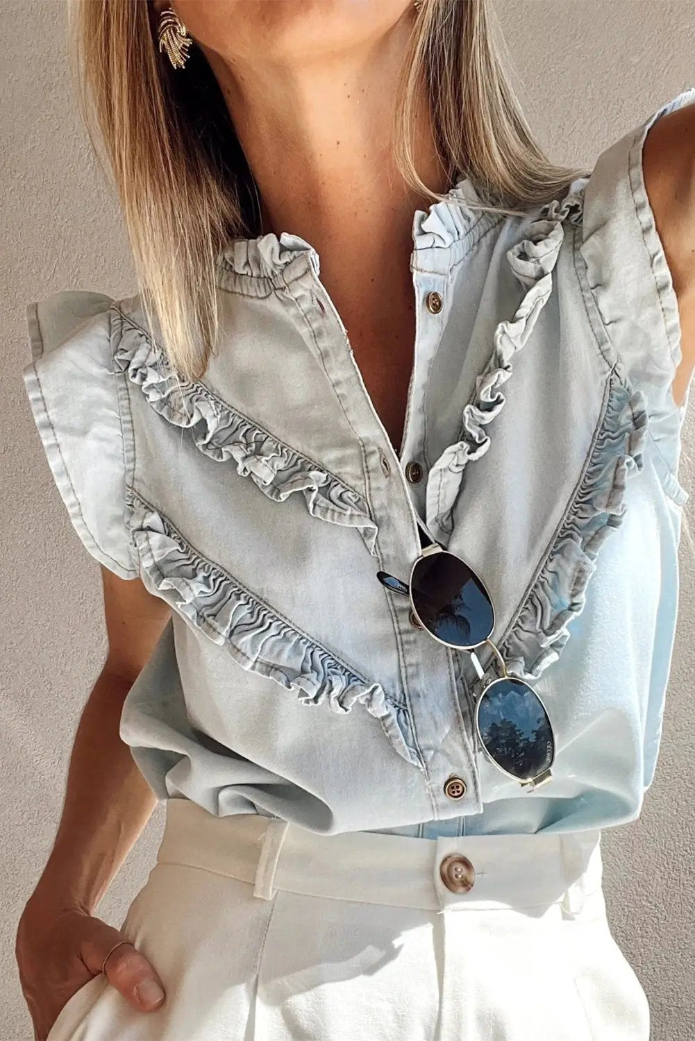 Grateful Threads Boutique Beau Blue Mineral Wash Cap Sleeve Frilled Button Up Denim Shirt - Shirts Beau Blue Mineral Wash Cap Sleeve Frilled Button Up Denim Shirt