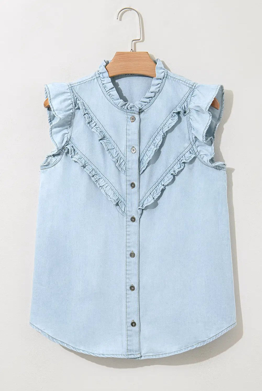Grateful Threads Boutique Beau Blue Mineral Wash Cap Sleeve Frilled Button Up Denim Shirt - Shirts Beau Blue Mineral Wash Cap Sleeve Frilled Button Up Denim Shirt