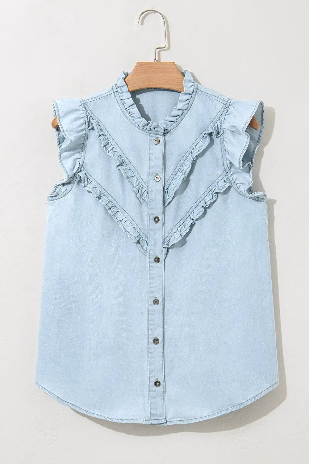 Grateful Threads Boutique Beau Blue Mineral Wash Cap Sleeve Frilled Button Up Denim Shirt - Shirts Beau Blue Mineral Wash Cap Sleeve Frilled Button Up Denim Shirt