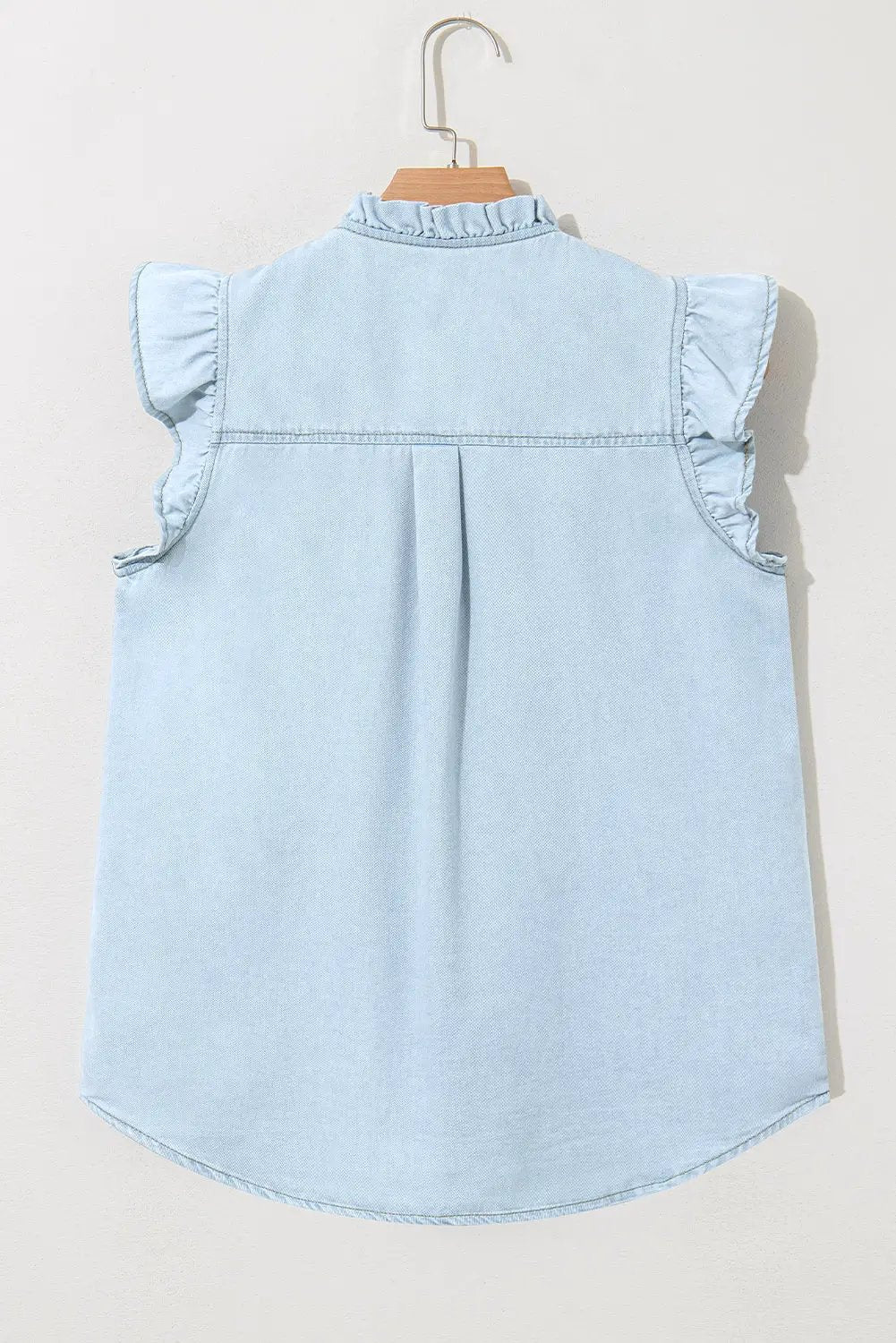 Grateful Threads Boutique Beau Blue Mineral Wash Cap Sleeve Frilled Button Up Denim Shirt - Shirts Beau Blue Mineral Wash Cap Sleeve Frilled Button Up Denim Shirt