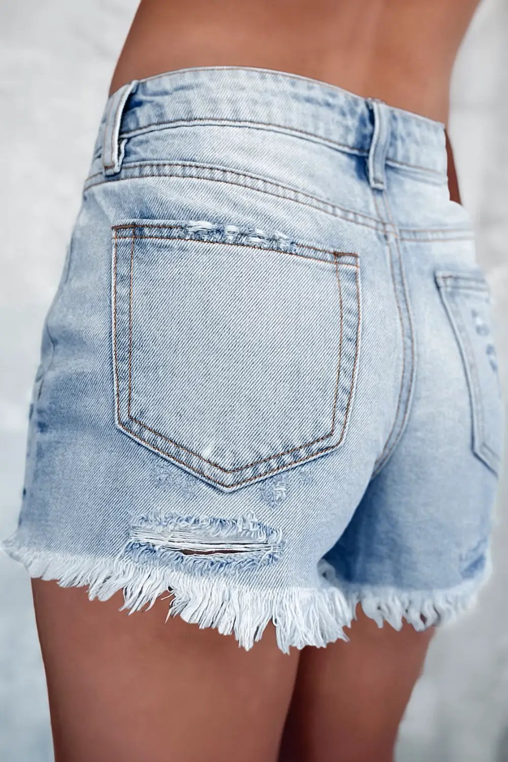 Grateful Threads Boutique Light Blue Distressed Ripped Raw Hem High Waist Denim Shorts - Denim Shorts Light Blue Distressed Ripped Raw Hem High Waist Denim Shorts