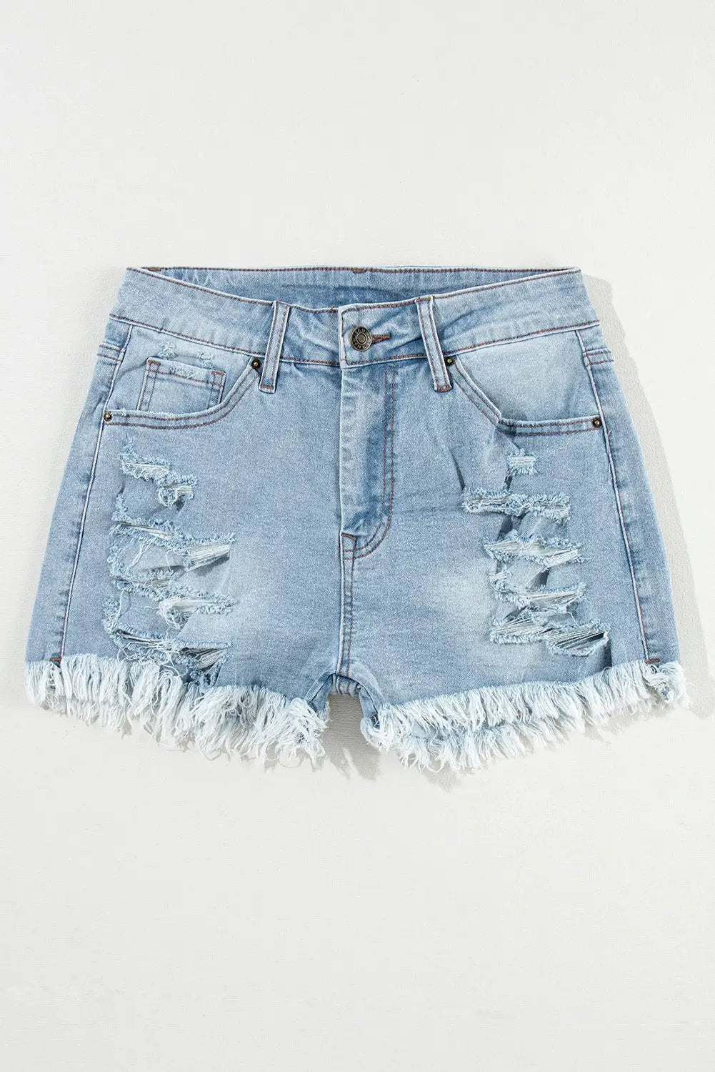 Grateful Threads Boutique Light Blue Distressed Ripped Raw Hem High Waist Denim Shorts - Denim Shorts Light Blue Distressed Ripped Raw Hem High Waist Denim Shorts