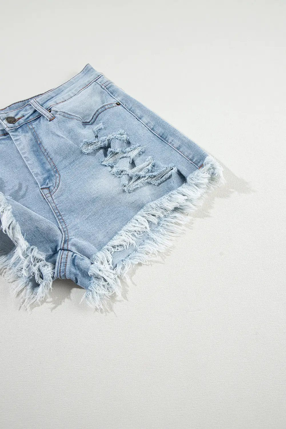 Grateful Threads Boutique Light Blue Distressed Ripped Raw Hem High Waist Denim Shorts - Denim Shorts Light Blue Distressed Ripped Raw Hem High Waist Denim Shorts