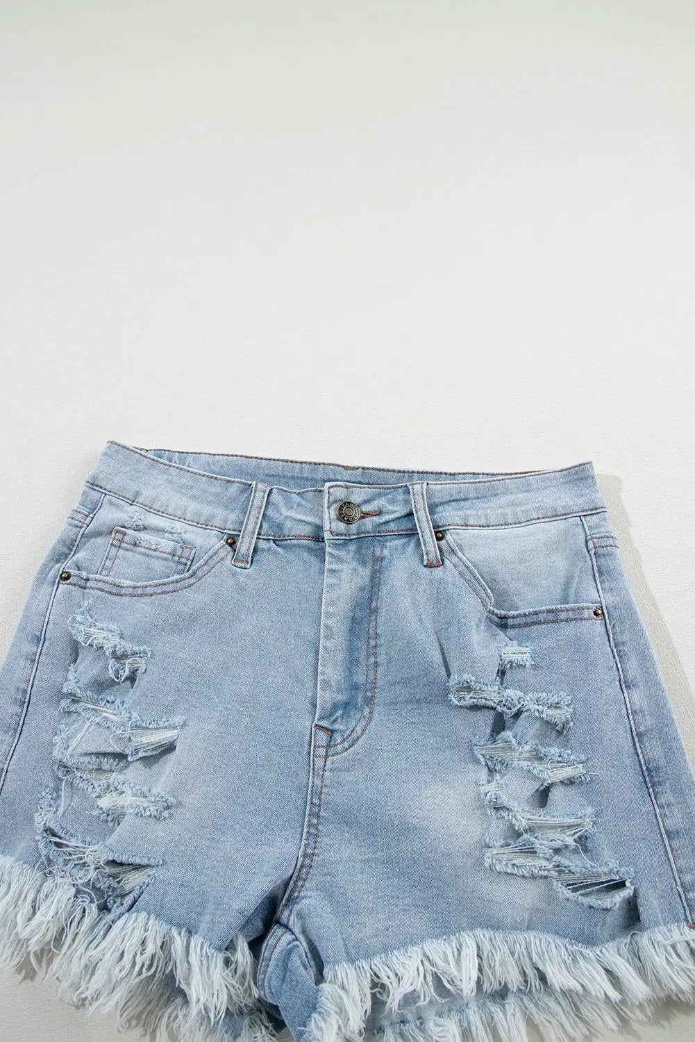 Grateful Threads Boutique Light Blue Distressed Ripped Raw Hem High Waist Denim Shorts - Denim Shorts Light Blue Distressed Ripped Raw Hem High Waist Denim Shorts