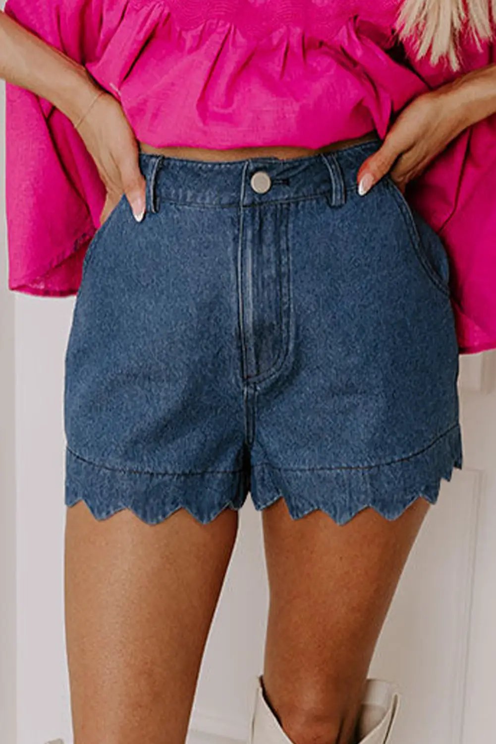 Grateful Threads Boutique Sail Blue Scalloped Hemline Acid Wash High Waist Denim Shorts - Denim Shorts Sail Blue Scalloped Hemline Acid Wash High Waist Denim Shorts