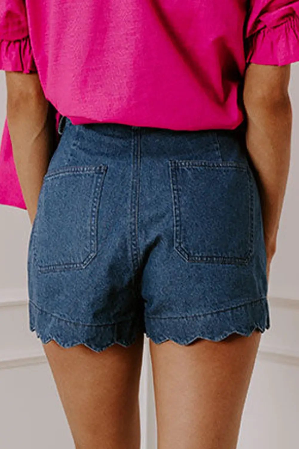 Grateful Threads Boutique Sail Blue Scalloped Hemline Acid Wash High Waist Denim Shorts - Denim Shorts Sail Blue Scalloped Hemline Acid Wash High Waist Denim Shorts