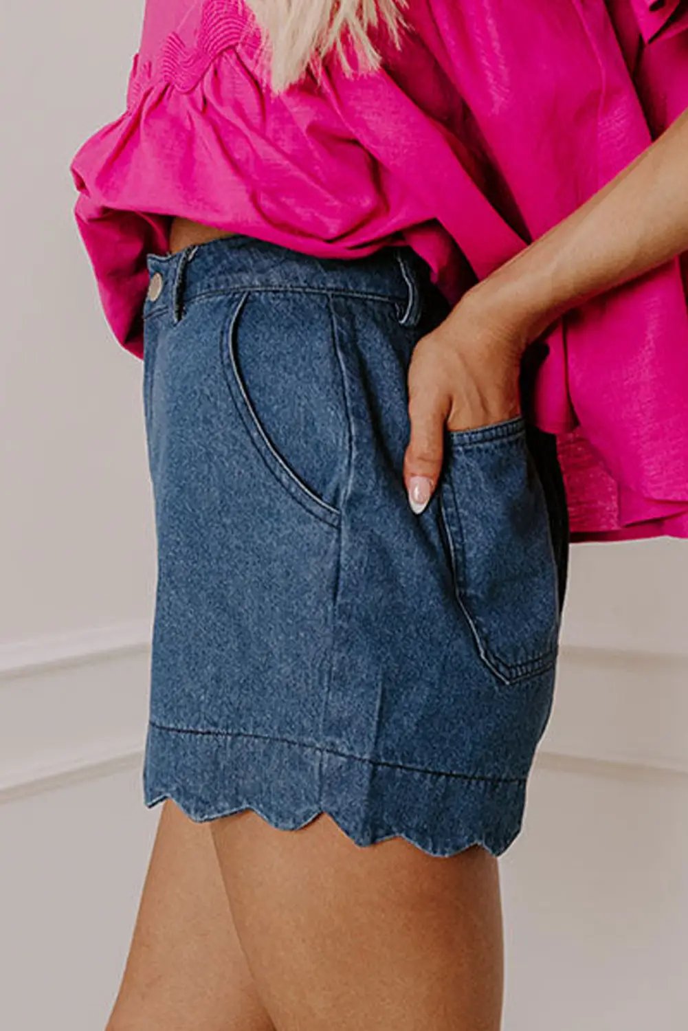 Grateful Threads Boutique Sail Blue Scalloped Hemline Acid Wash High Waist Denim Shorts - Denim Shorts Sail Blue Scalloped Hemline Acid Wash High Waist Denim Shorts