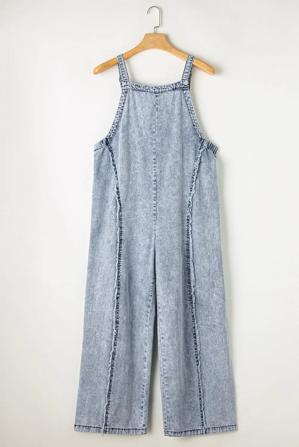 Grateful Threads Boutique Beau Blue Light Wash Frayed Exposed Seam Wide Leg Denim Overall - One-Pieces