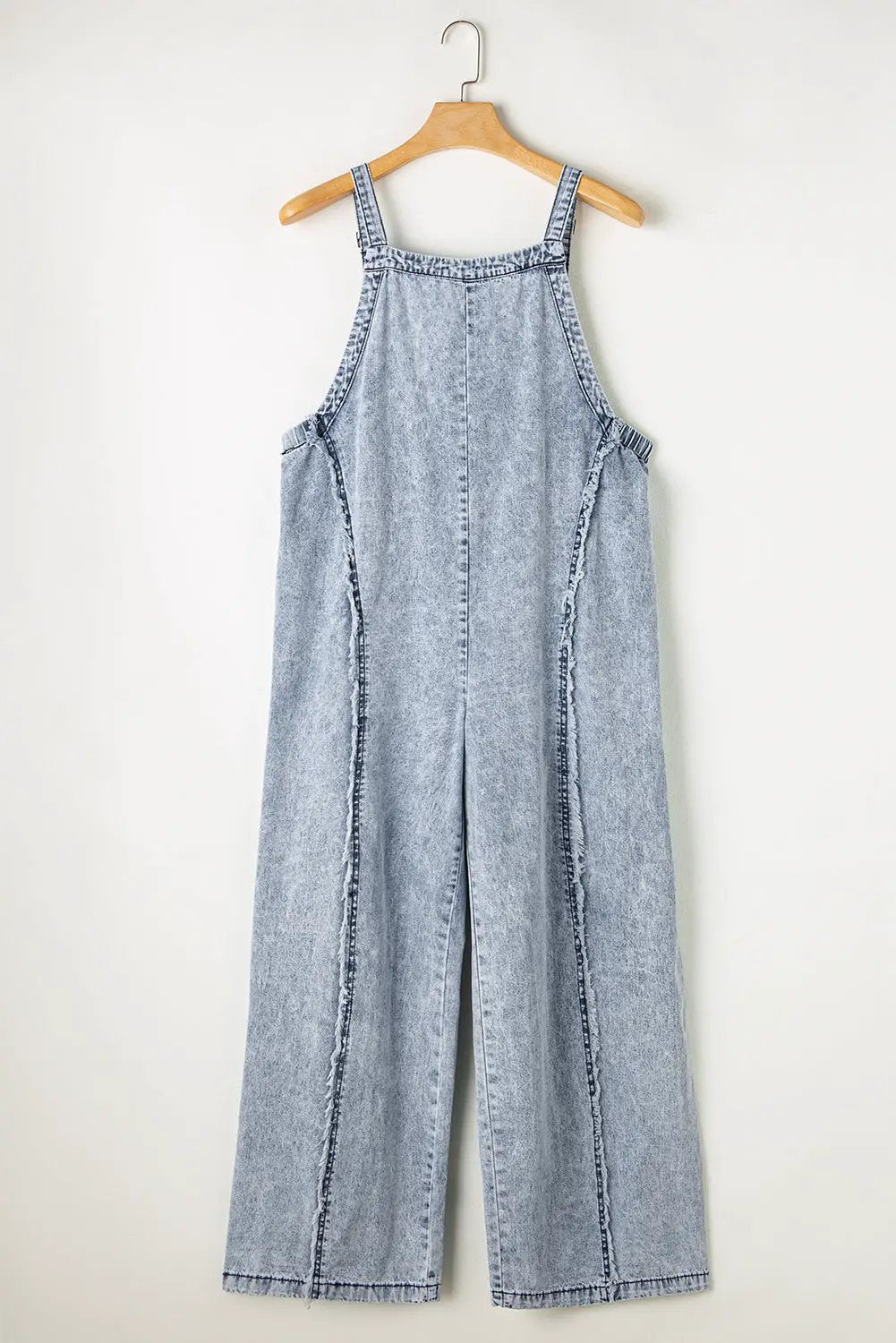 Grateful Threads Boutique Beau Blue Light Wash Frayed Exposed Seam Wide Leg Denim Overall - One-Pieces