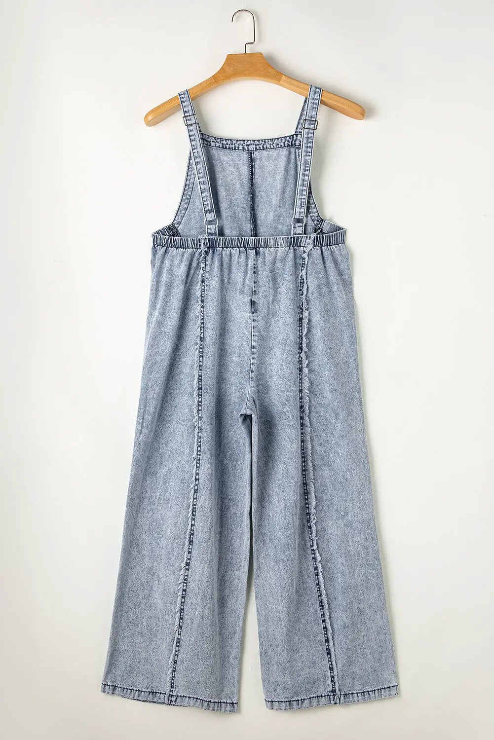 Grateful Threads Boutique Beau Blue Light Wash Frayed Exposed Seam Wide Leg Denim Overall - One-Pieces