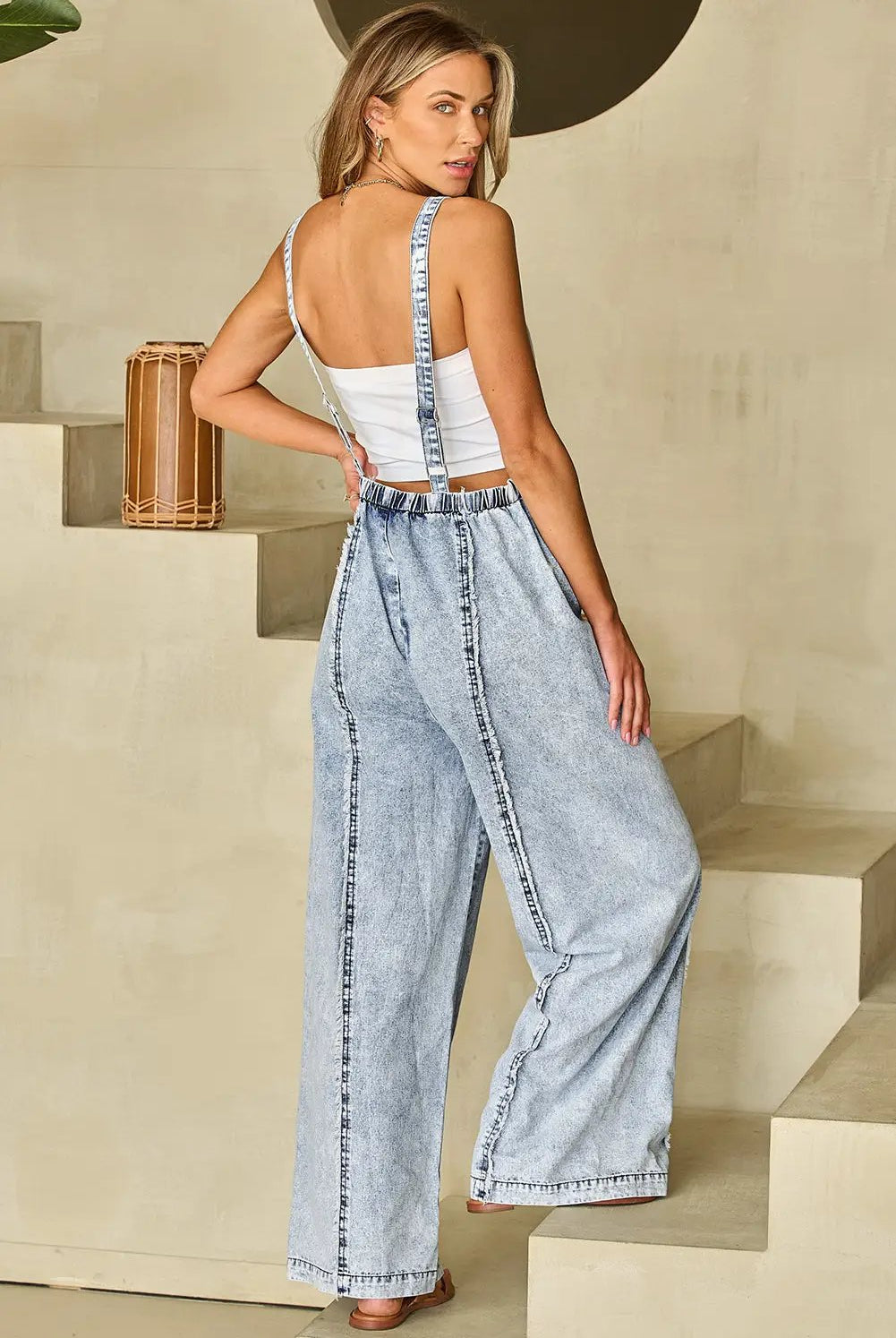 Grateful Threads Boutique Beau Blue Light Wash Frayed Exposed Seam Wide Leg Denim Overall - One-Pieces