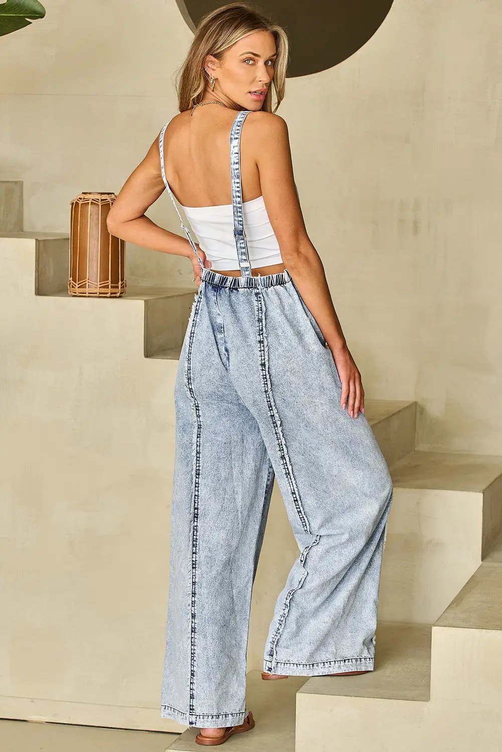 Grateful Threads Boutique Beau Blue Light Wash Frayed Exposed Seam Wide Leg Denim Overall - One-Pieces