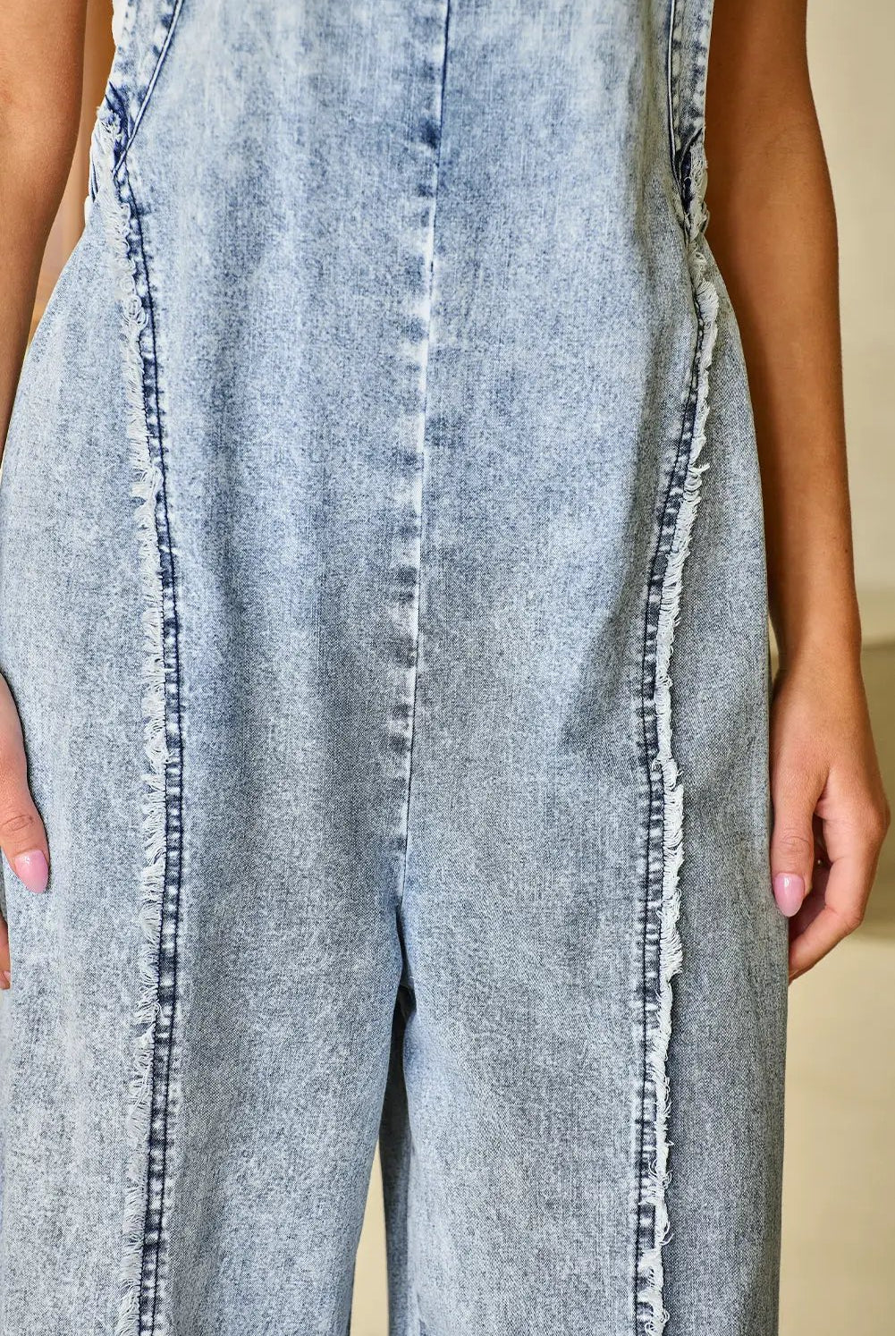 Grateful Threads Boutique Beau Blue Light Wash Frayed Exposed Seam Wide Leg Denim Overall - One-Pieces