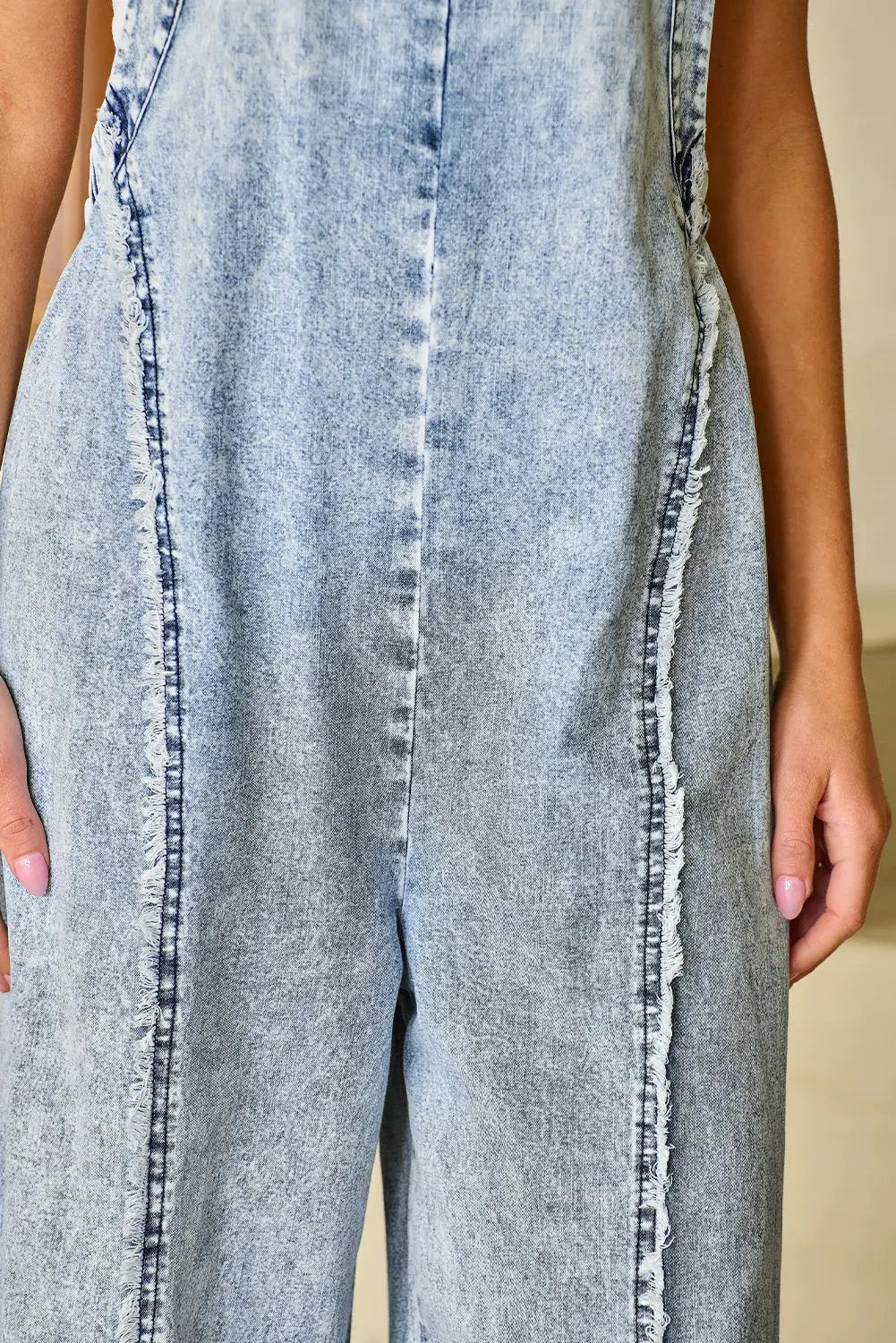 Grateful Threads Boutique Beau Blue Light Wash Frayed Exposed Seam Wide Leg Denim Overall - One-Pieces