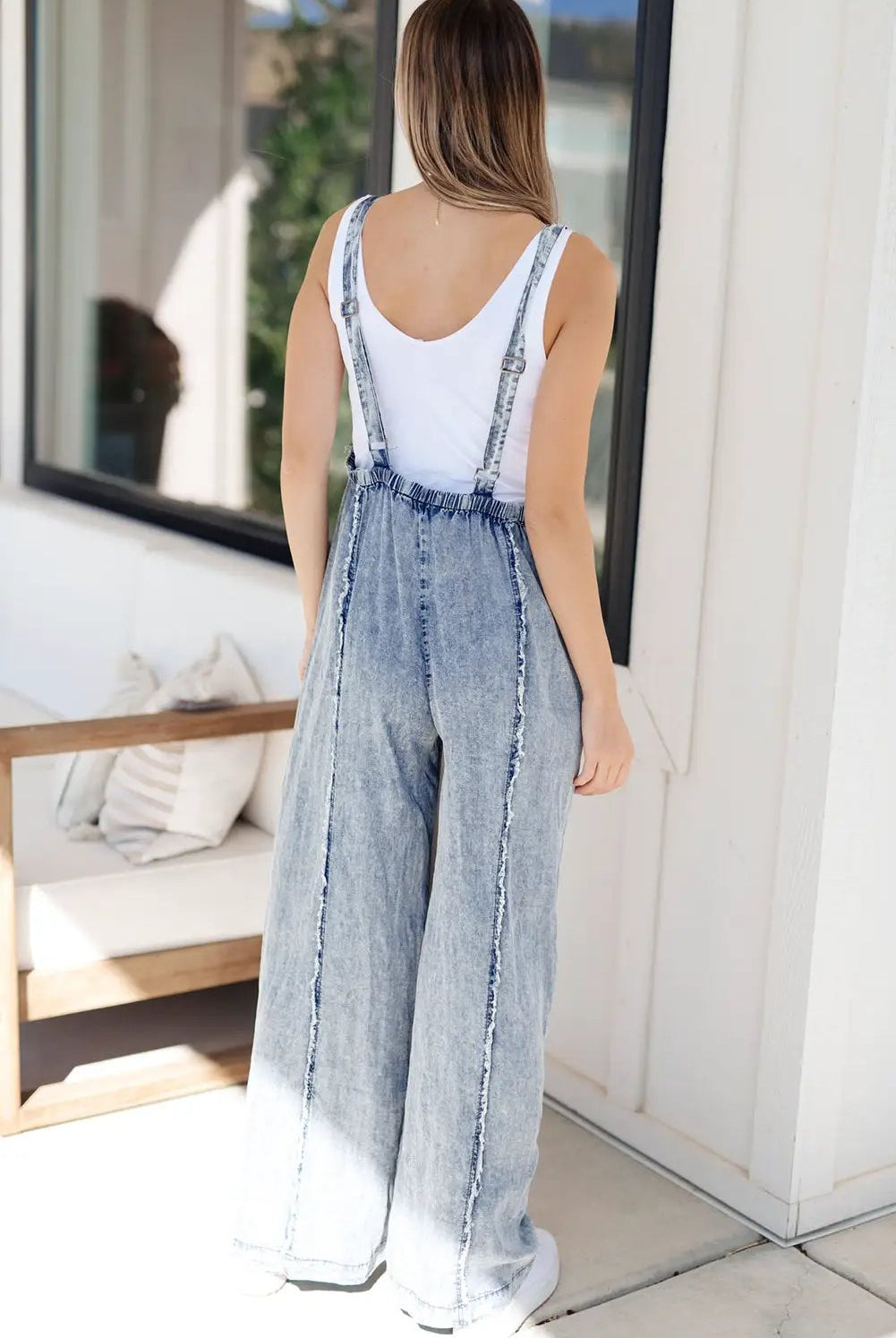 Grateful Threads Boutique Beau Blue Light Wash Frayed Exposed Seam Wide Leg Denim Overall - One-Pieces