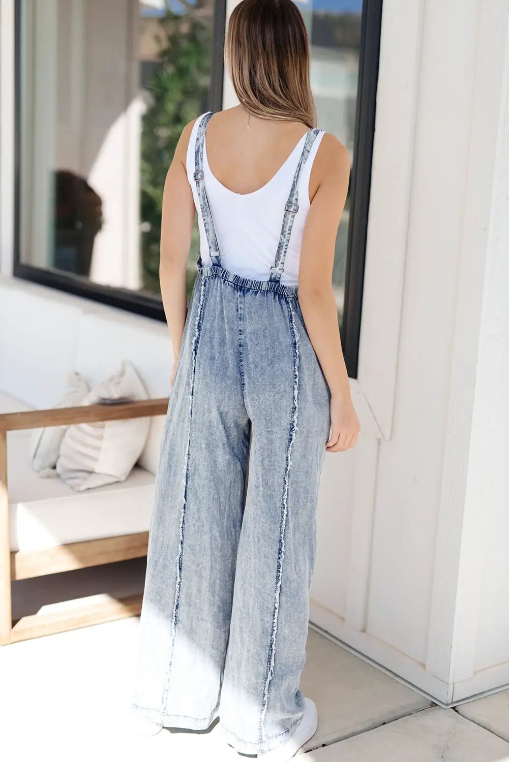 Grateful Threads Boutique Beau Blue Light Wash Frayed Exposed Seam Wide Leg Denim Overall - One-Pieces