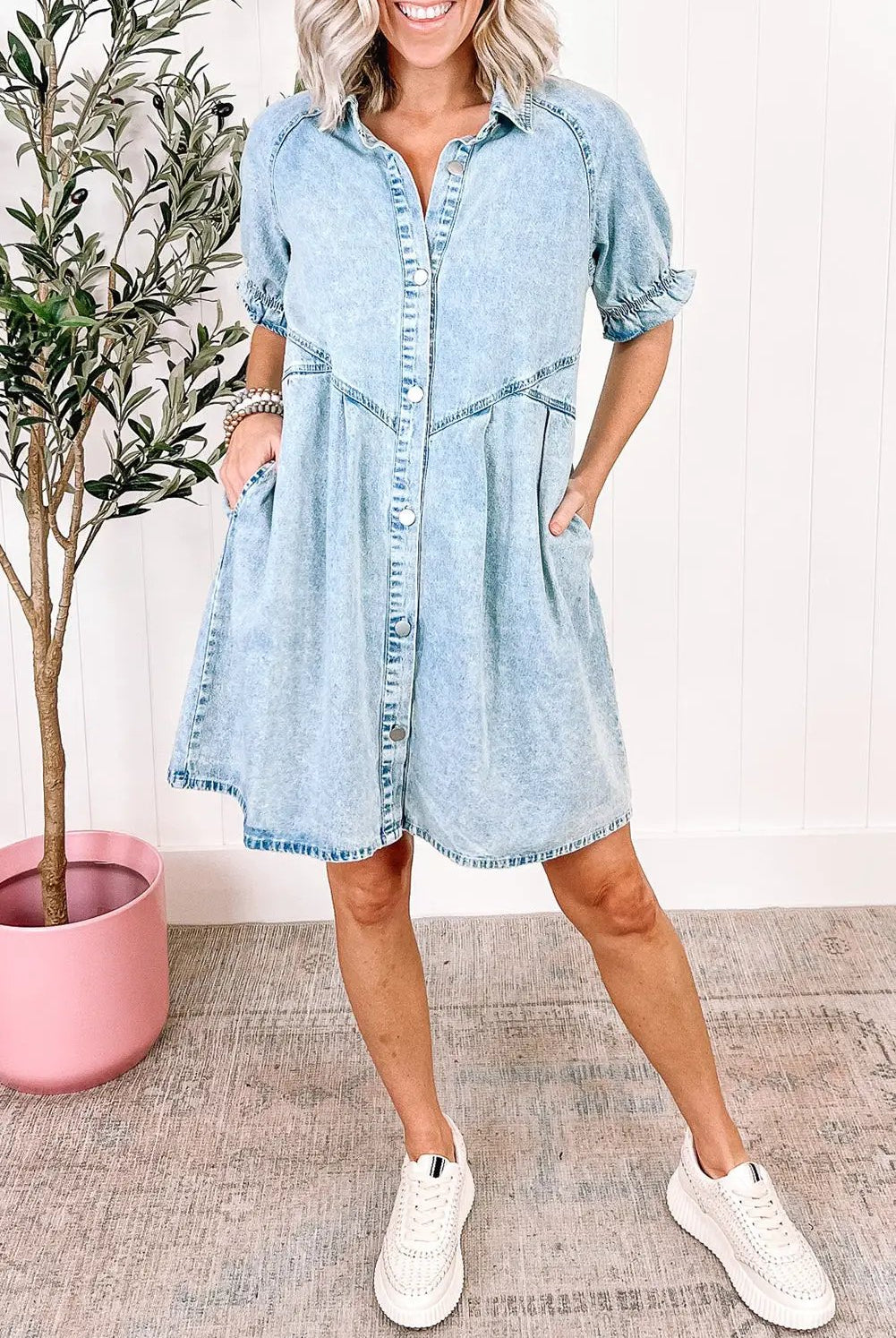 Grateful Threads Boutique Beau Blue Mineral Wash Ruffled Short Sleeve Buttoned Denim Dress - Dresses Beau Blue Mineral Wash Ruffled Short Sleeve Buttoned Denim Dress