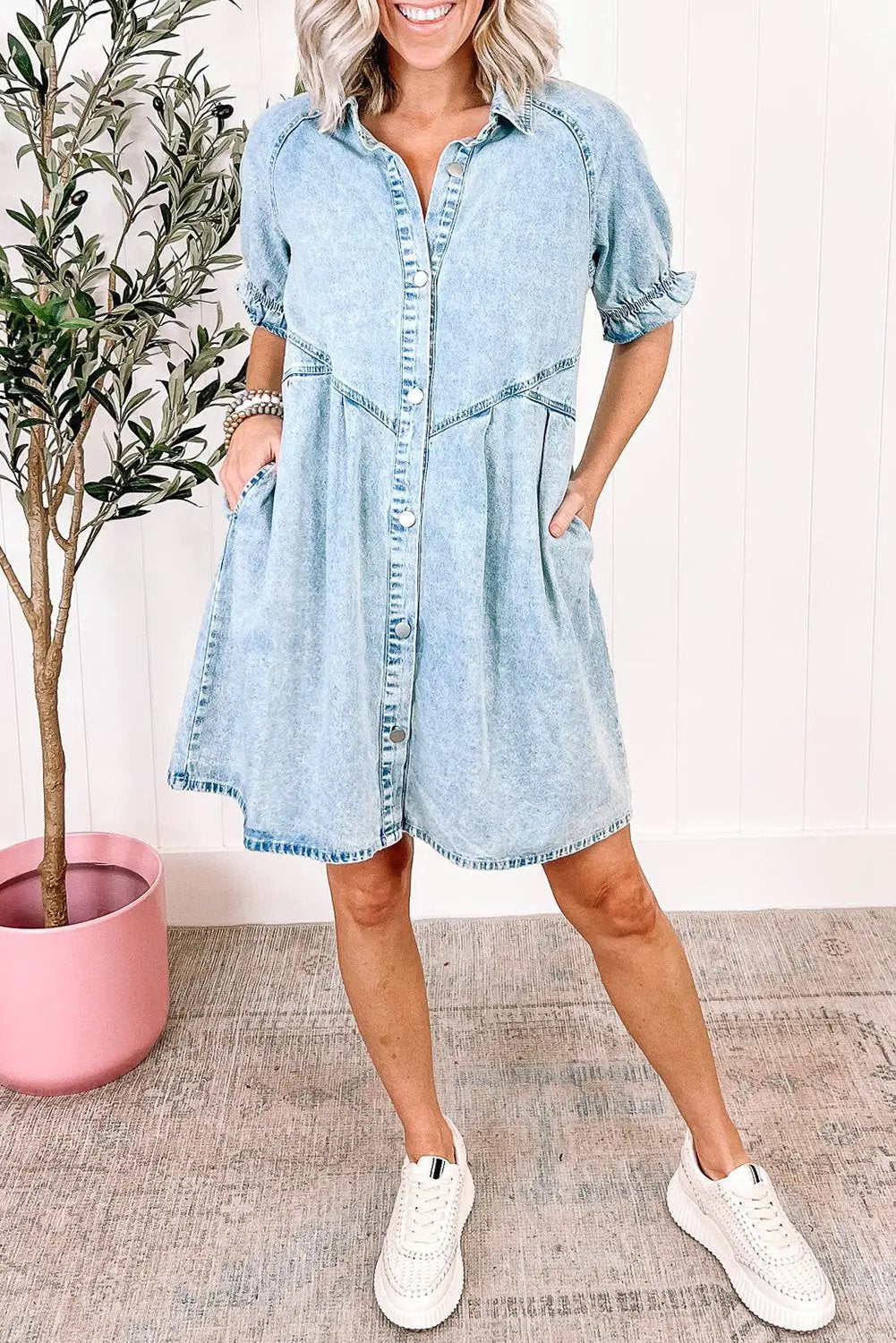 Grateful Threads Boutique Beau Blue Mineral Wash Ruffled Short Sleeve Buttoned Denim Dress - Dresses Beau Blue Mineral Wash Ruffled Short Sleeve Buttoned Denim Dress