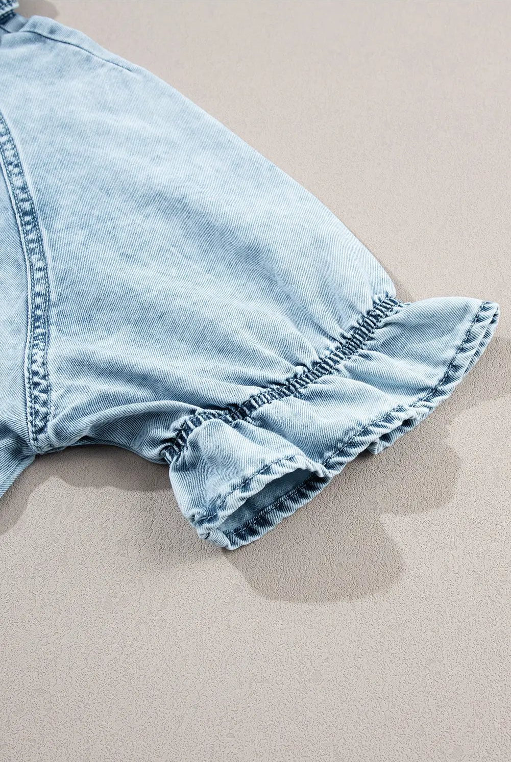 Grateful Threads Boutique Beau Blue Mineral Wash Ruffled Short Sleeve Buttoned Denim Dress - Dresses Beau Blue Mineral Wash Ruffled Short Sleeve Buttoned Denim Dress