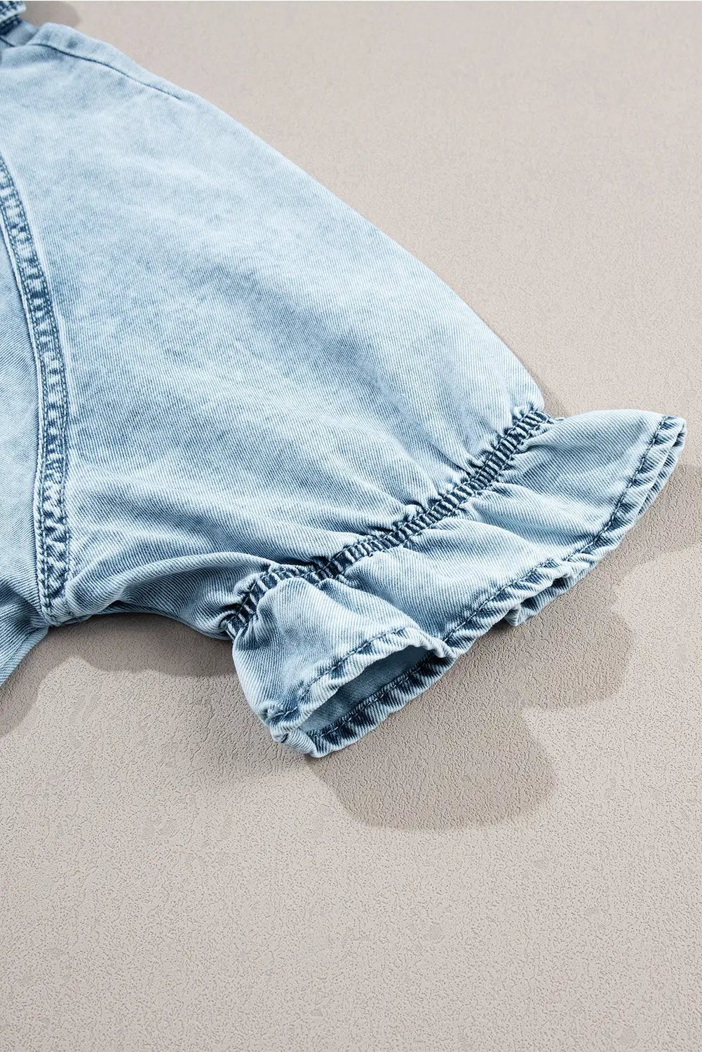 Grateful Threads Boutique Beau Blue Mineral Wash Ruffled Short Sleeve Buttoned Denim Dress - Dresses Beau Blue Mineral Wash Ruffled Short Sleeve Buttoned Denim Dress