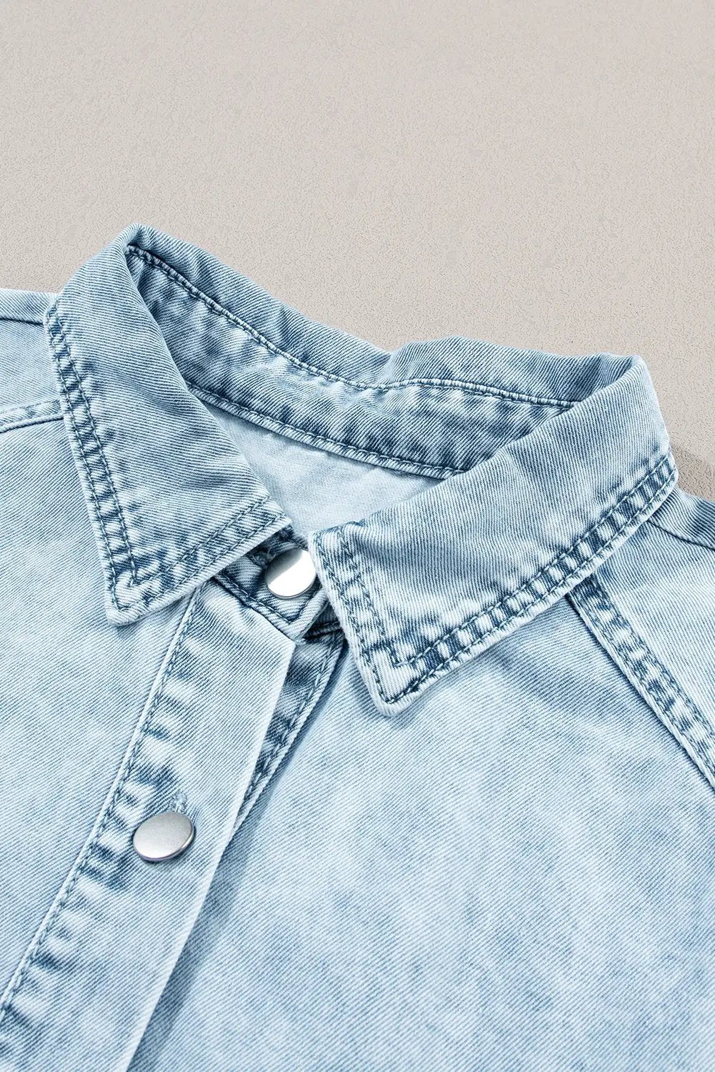 Grateful Threads Boutique Beau Blue Mineral Wash Ruffled Short Sleeve Buttoned Denim Dress - Dresses Beau Blue Mineral Wash Ruffled Short Sleeve Buttoned Denim Dress