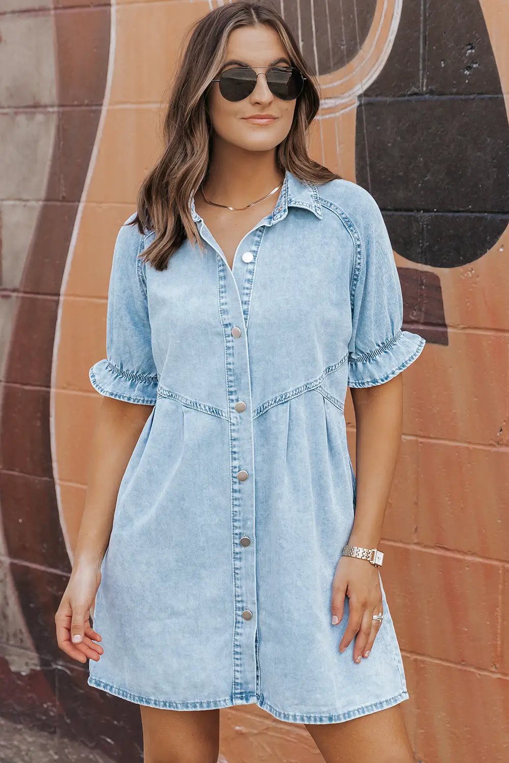 Grateful Threads Boutique Beau Blue Mineral Wash Ruffled Short Sleeve Buttoned Denim Dress - Dresses Beau Blue Mineral Wash Ruffled Short Sleeve Buttoned Denim Dress