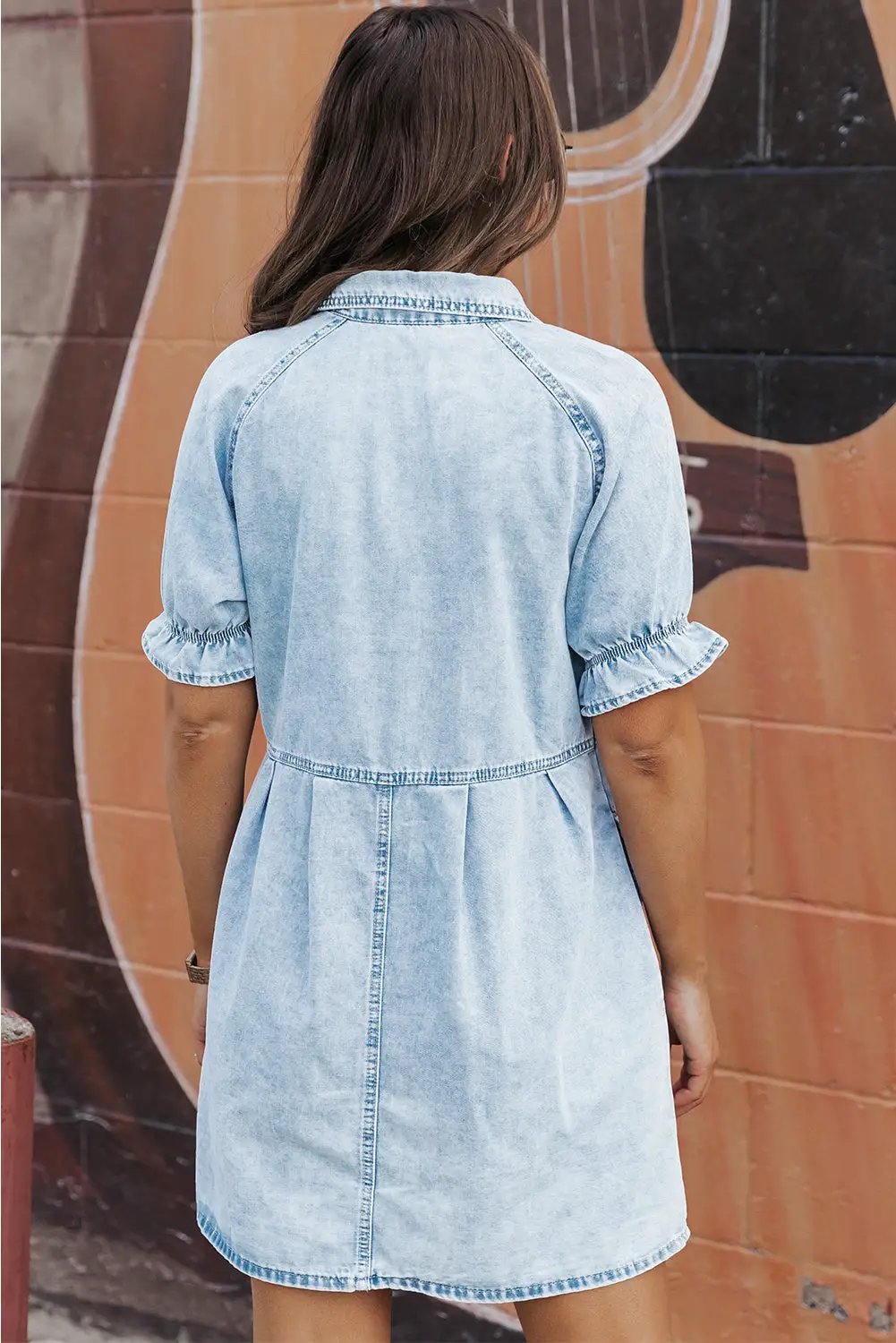 Grateful Threads Boutique Beau Blue Mineral Wash Ruffled Short Sleeve Buttoned Denim Dress - Dresses Beau Blue Mineral Wash Ruffled Short Sleeve Buttoned Denim Dress