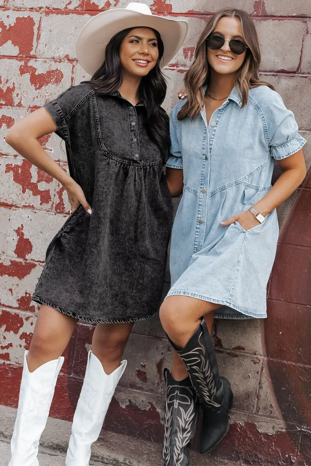 Grateful Threads Boutique Beau Blue Mineral Wash Ruffled Short Sleeve Buttoned Denim Dress - Dresses Beau Blue Mineral Wash Ruffled Short Sleeve Buttoned Denim Dress