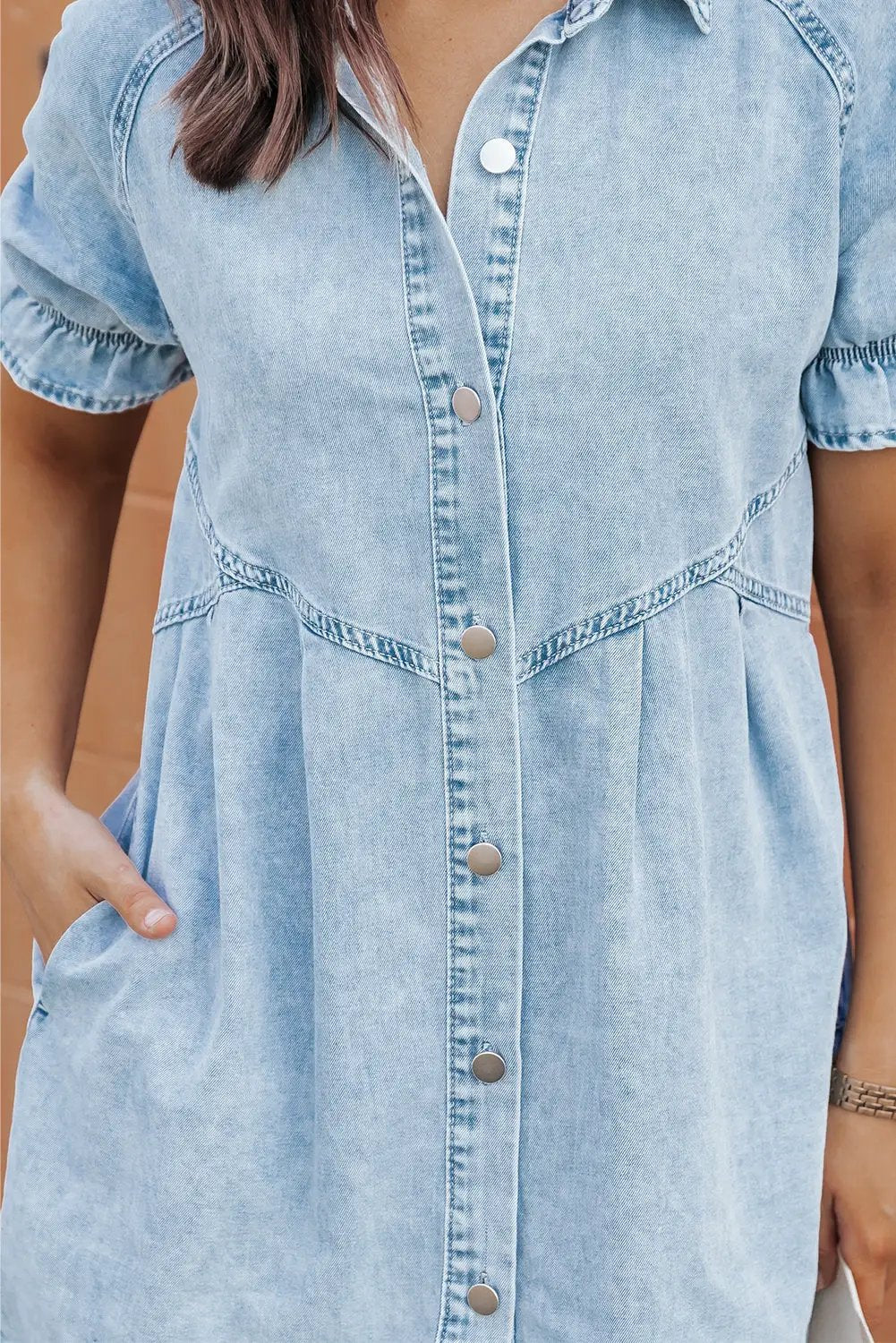 Grateful Threads Boutique Beau Blue Mineral Wash Ruffled Short Sleeve Buttoned Denim Dress - Dresses Beau Blue Mineral Wash Ruffled Short Sleeve Buttoned Denim Dress