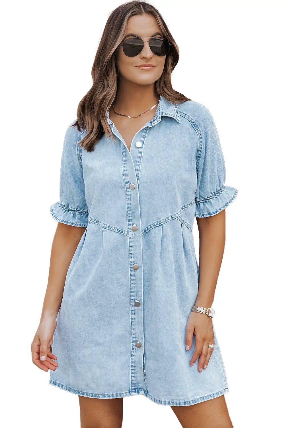 Grateful Threads Boutique Beau Blue Mineral Wash Ruffled Short Sleeve Buttoned Denim Dress - Dresses Beau Blue Mineral Wash Ruffled Short Sleeve Buttoned Denim Dress